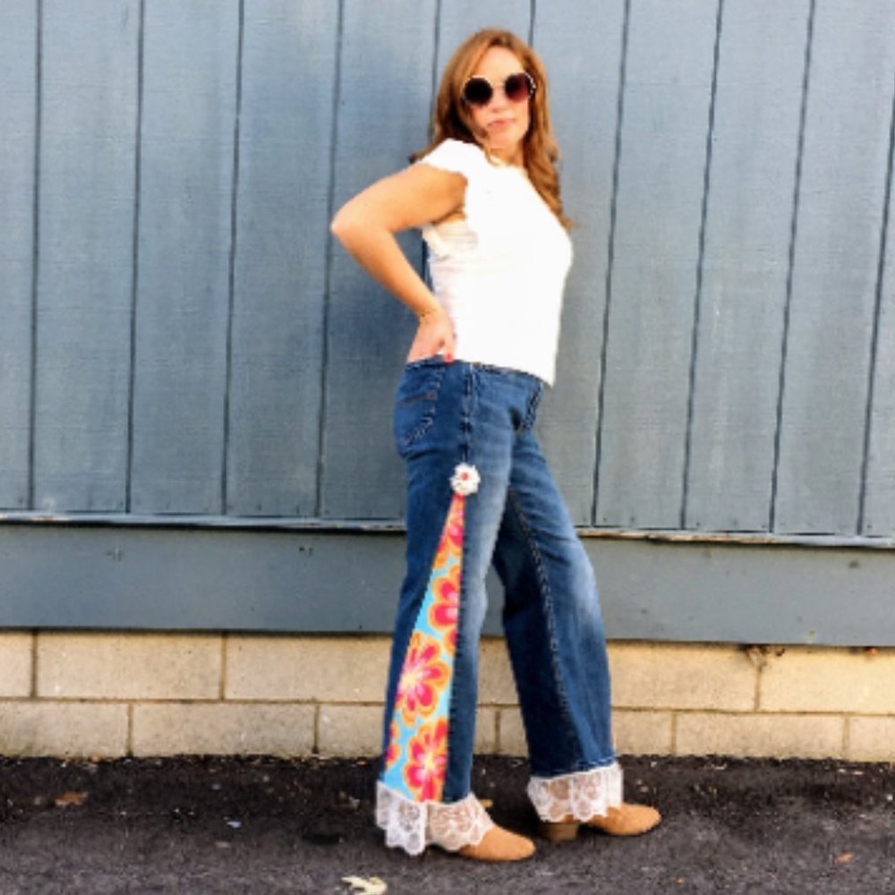 Upcycled Hawaii Flower Bell Bottom - Handmade